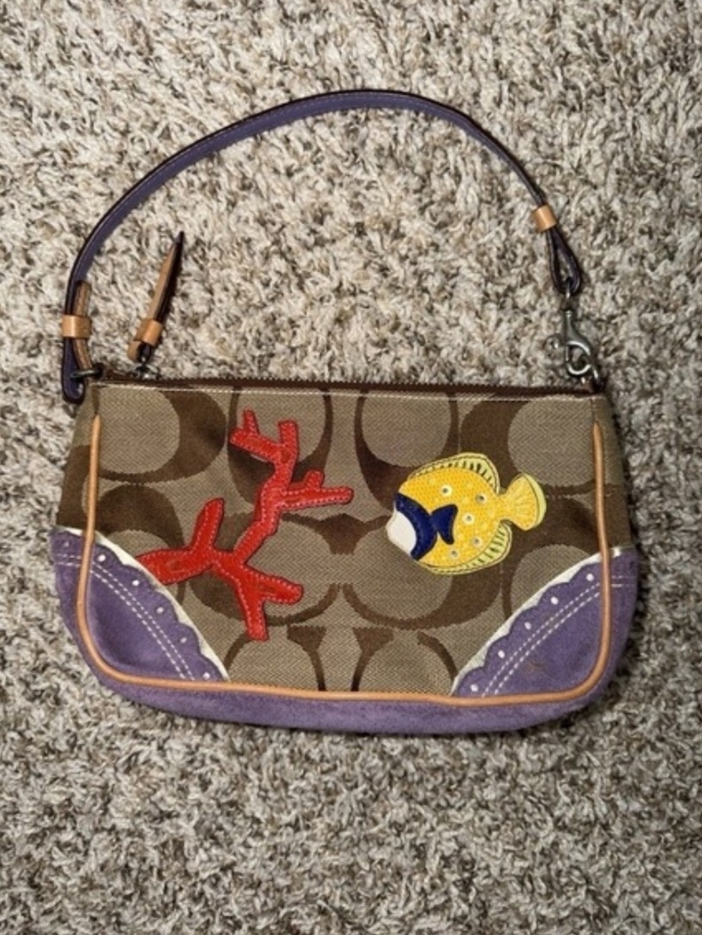 Coach Brown Signature Canvas Wristlet with Purple Trim and Colorful Appliqués